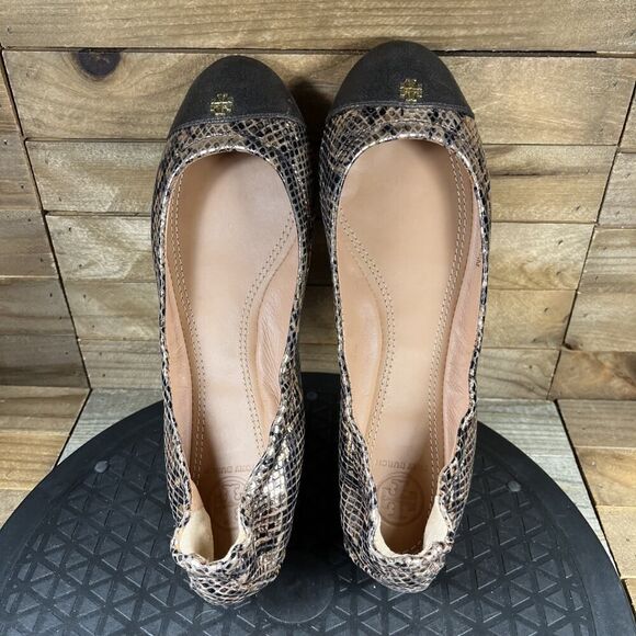 Tory Burch Womens Size 6.5 Python Snake Print Metallic Gold York Cap Toe Flats - Picture 5 of 10